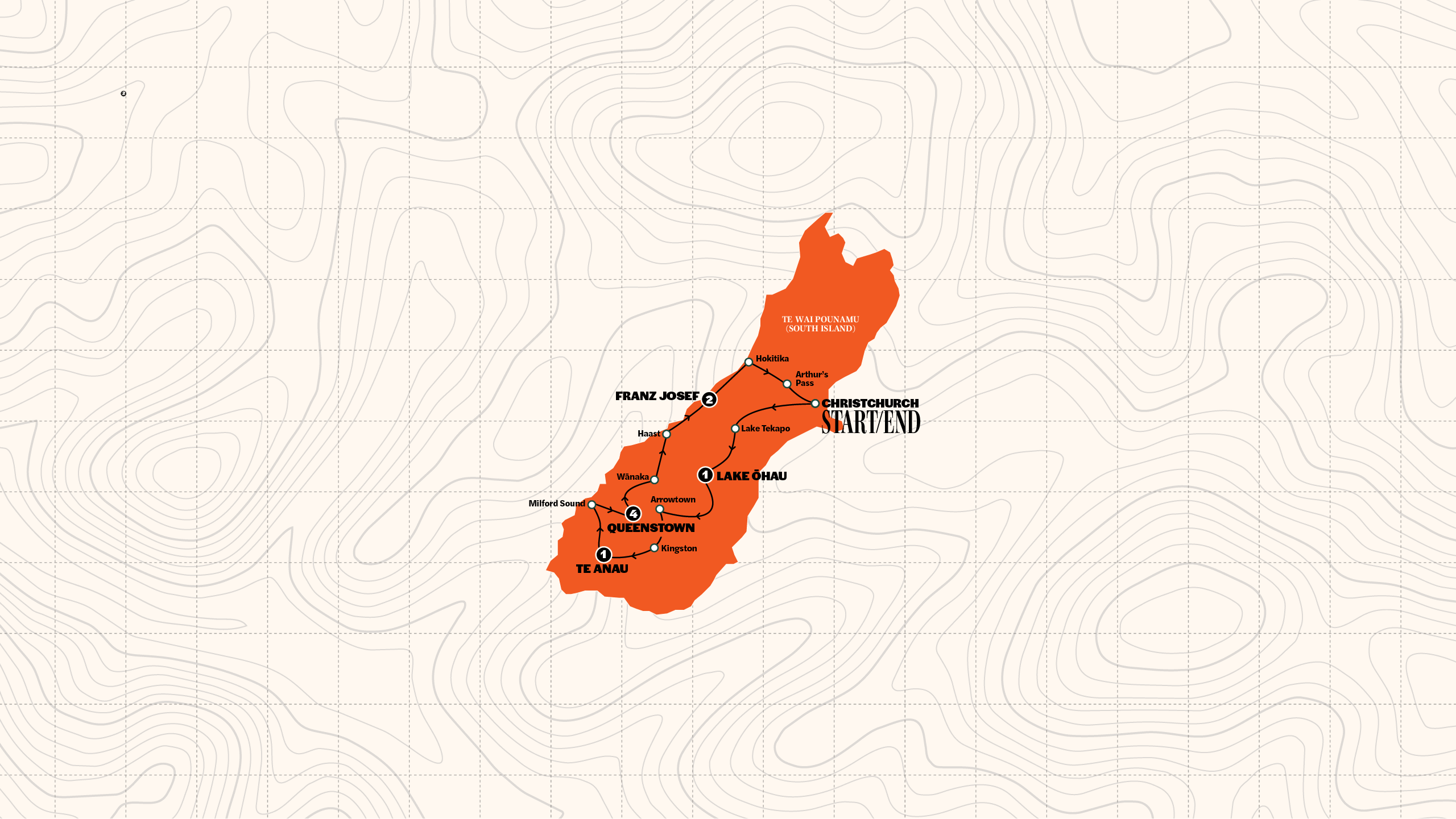 Map of NZ: South Island | Eastbound | Oct 2026 - May 2027 from Contiki
