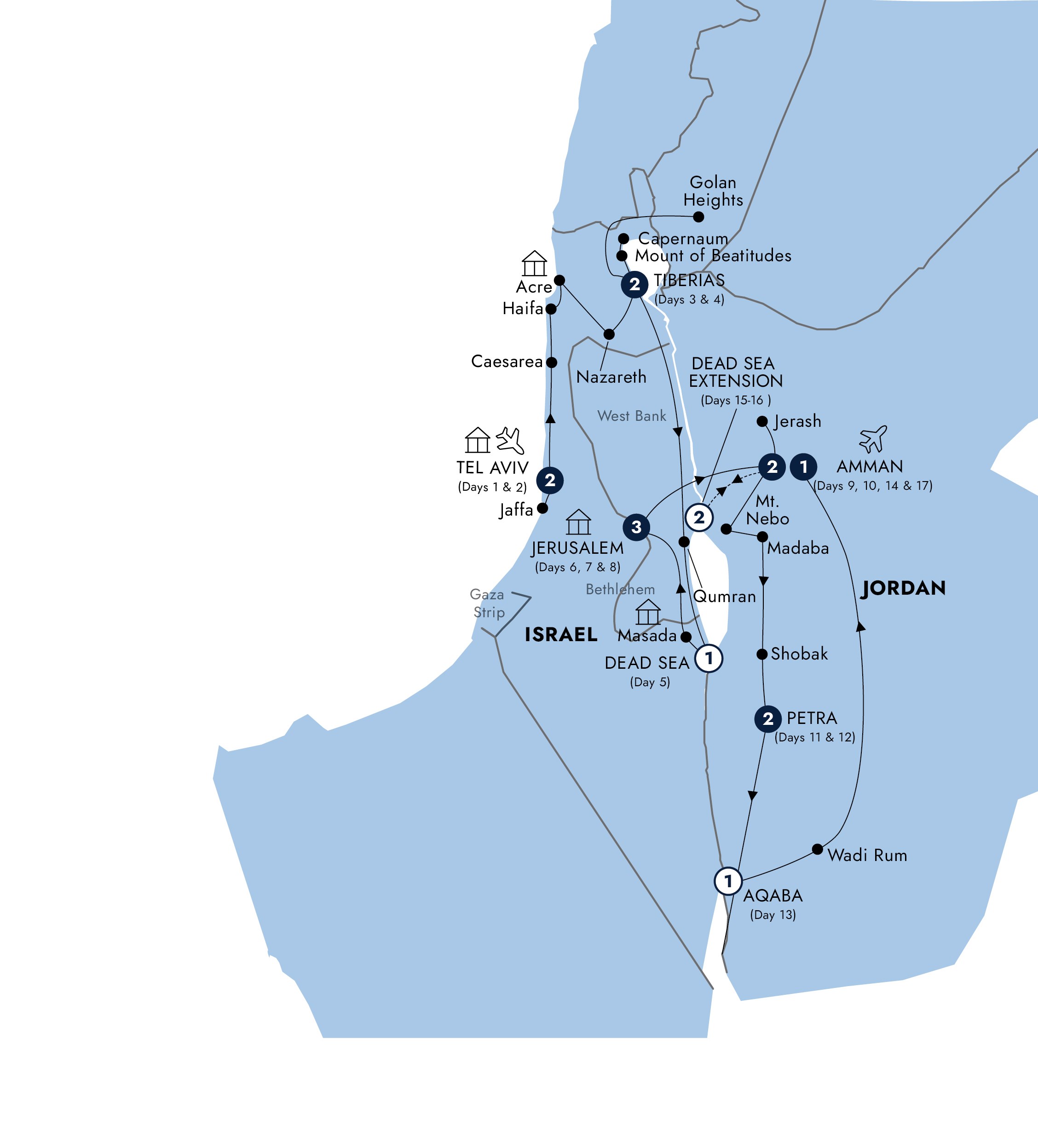 tourhub | Insight Vacations | Israel & Jordan with Dead Sea - Small Group, Summer | Tour Map