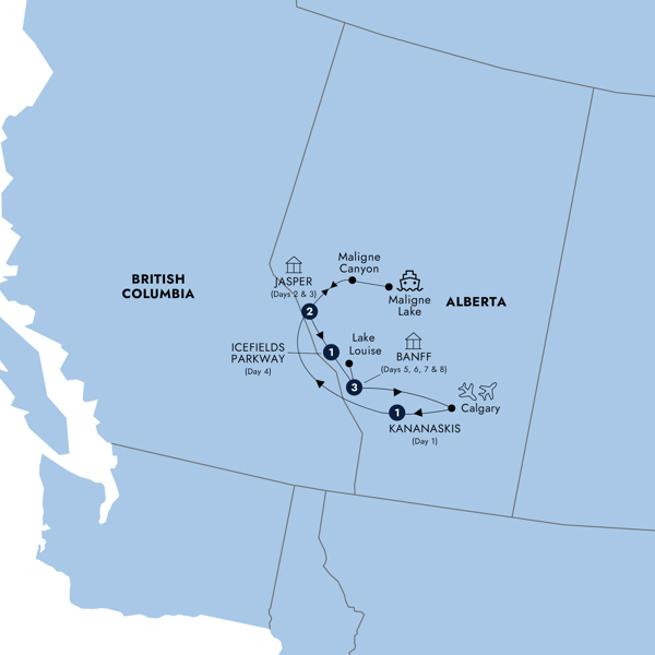 Spectacular Rockies and Glaciers of Alberta - Classic Group Itinerary Map