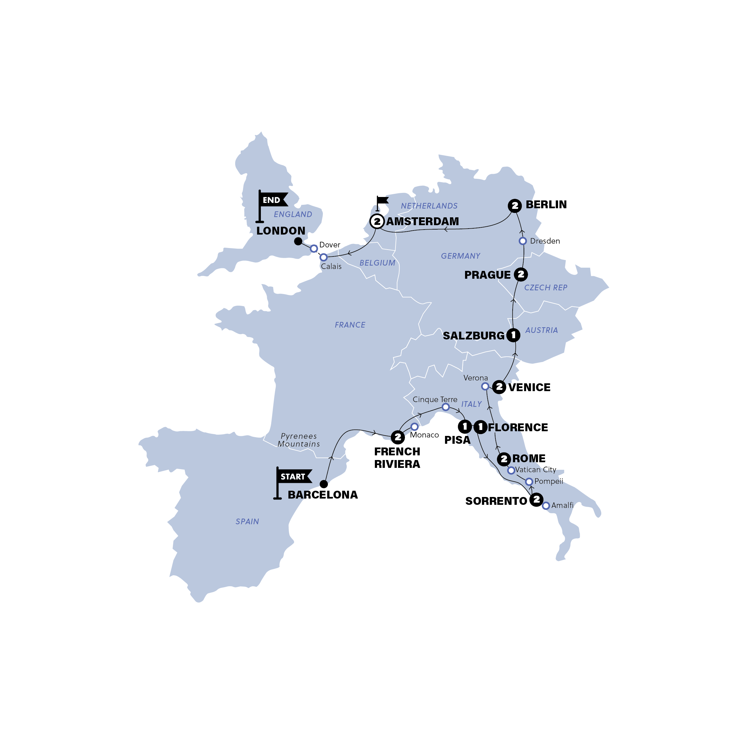 tourhub | Contiki | Barcelona to London Quest | Winter | 2024/2025 | Tour Map