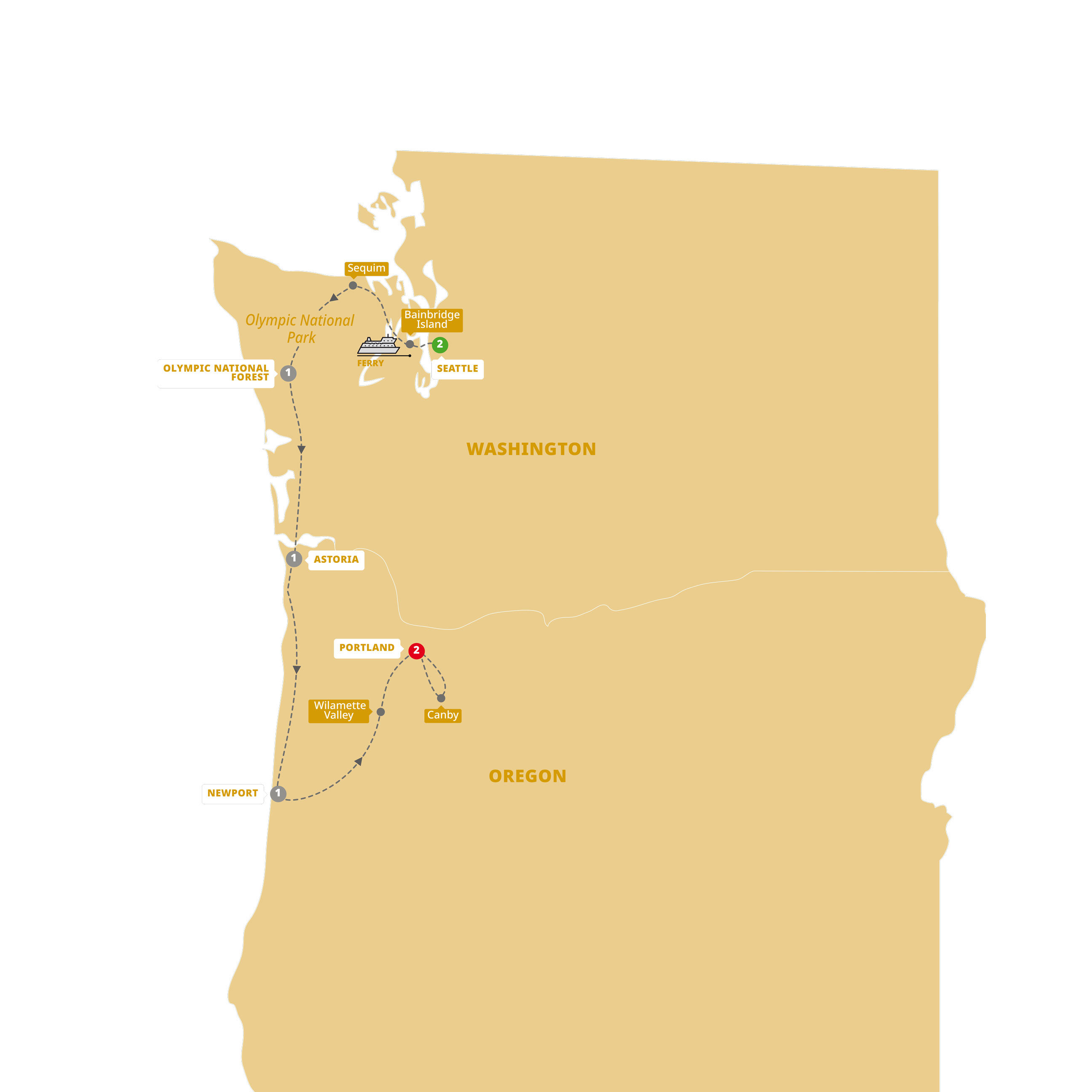 Map of Scenic Seattle, Portland and Oregon Coast (2026) from Trafalgar