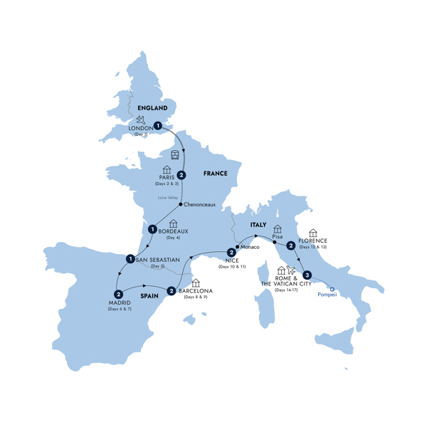 Mediterranean Journey - Start London, Classic Group Itinerary Map