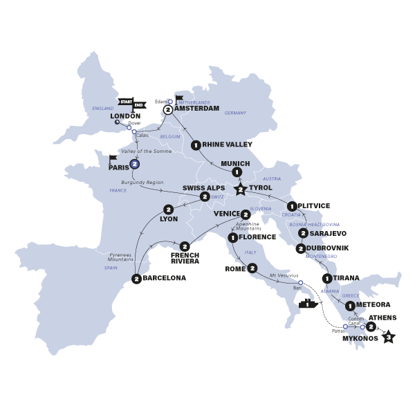 tourhub | Contiki | European Adventurer (From 2025) | Start London | Standard | Tour Map