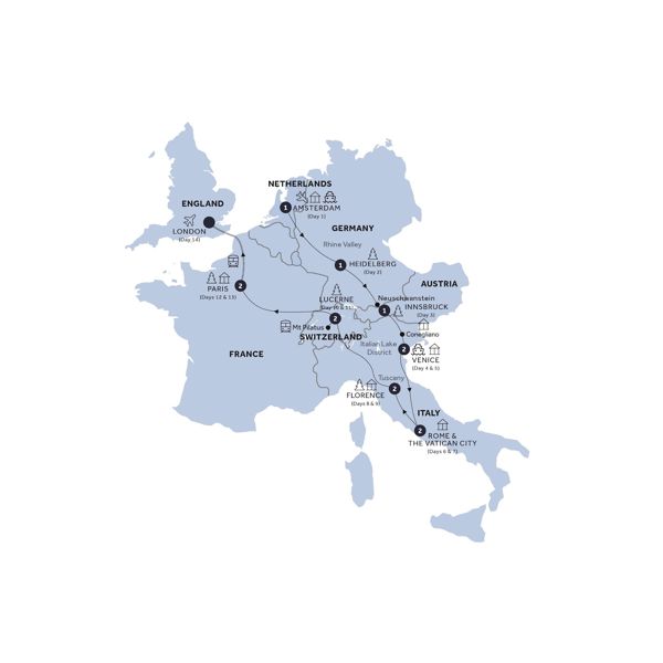 Highlights of Europe - Start Amsterdam, Return Eurostar, Small Group, Winter Itinerary Map