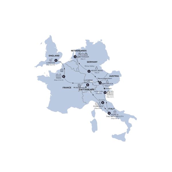 Highlights of Europe - Start Amsterdam, Return Eurostar, Classic Group, Winter Itinerary Map