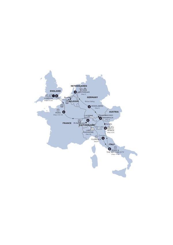 tourhub | Insight Vacations | Highlights of Europe - Start London, Return Eurostar, Classic Group, Summer | Tour Map