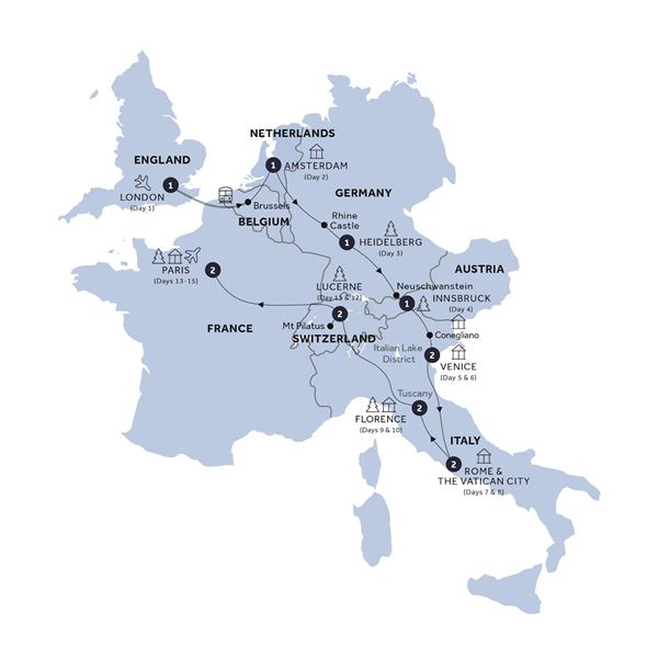 Highlights of Europe - Start London, End Paris, Small Group, Winter Itinerary Map
