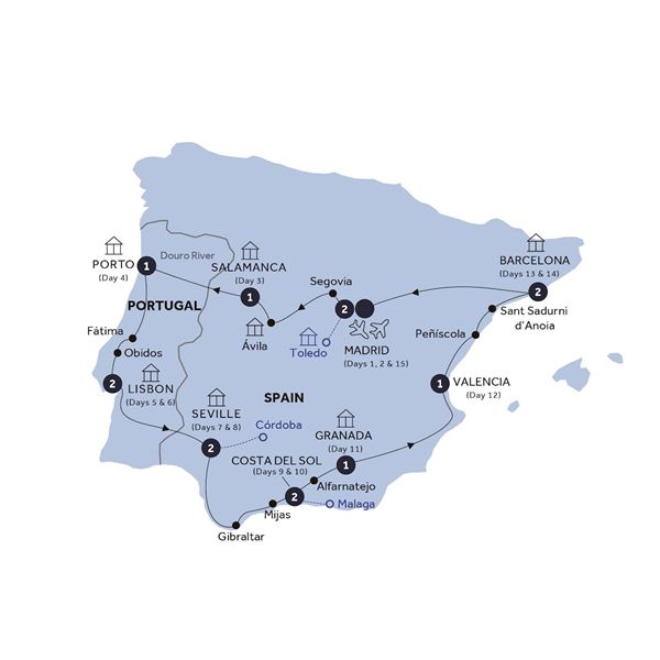 Best of Spain & Portugal - End Madrid, Small Group, Summer Itinerary Map