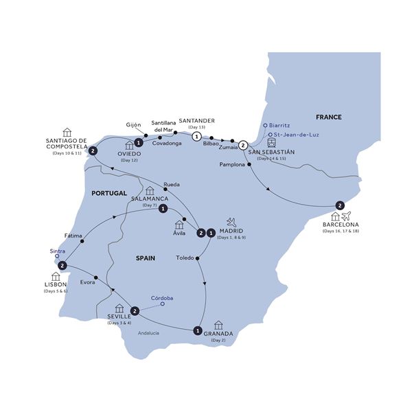 Grand Spain & Portugal - End Barcelona, Small Group Itinerary Map