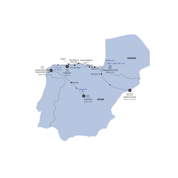 Northern Spain - End Barcelona, Classic Group Itinerary Map