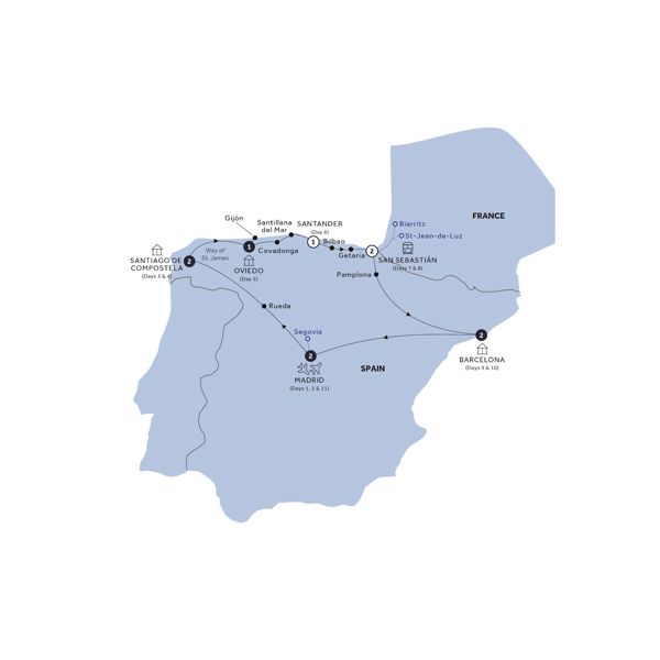 Northern Spain - End Madrid, Classic Group Itinerary Map