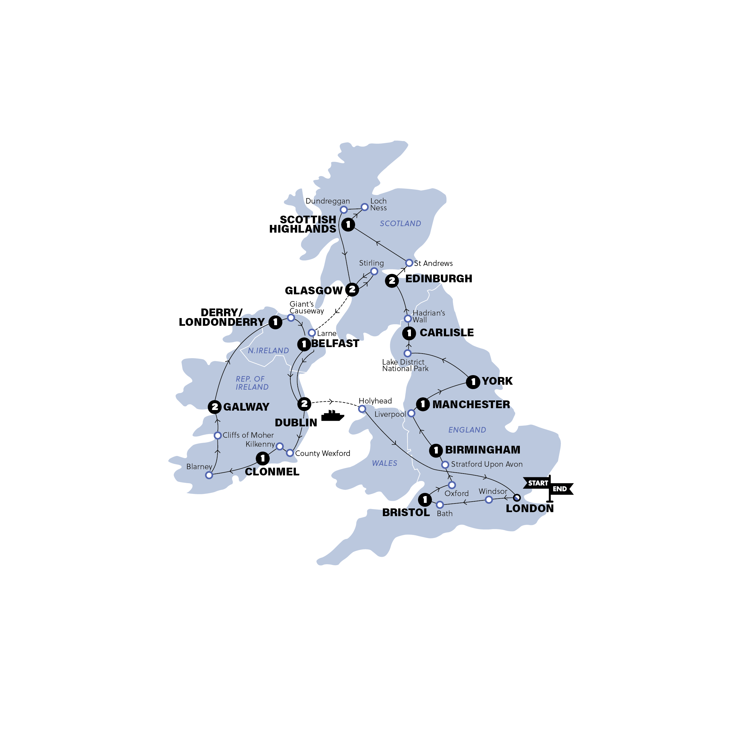 tourhub | Contiki | Sober Curious | Great Britain & Ireland | Classic | Summer | 2026 | Tour Map