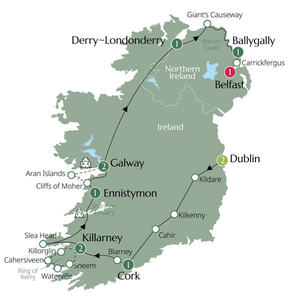 Country Roads of Ireland - End Belfast, Classic Group Itinerary Map