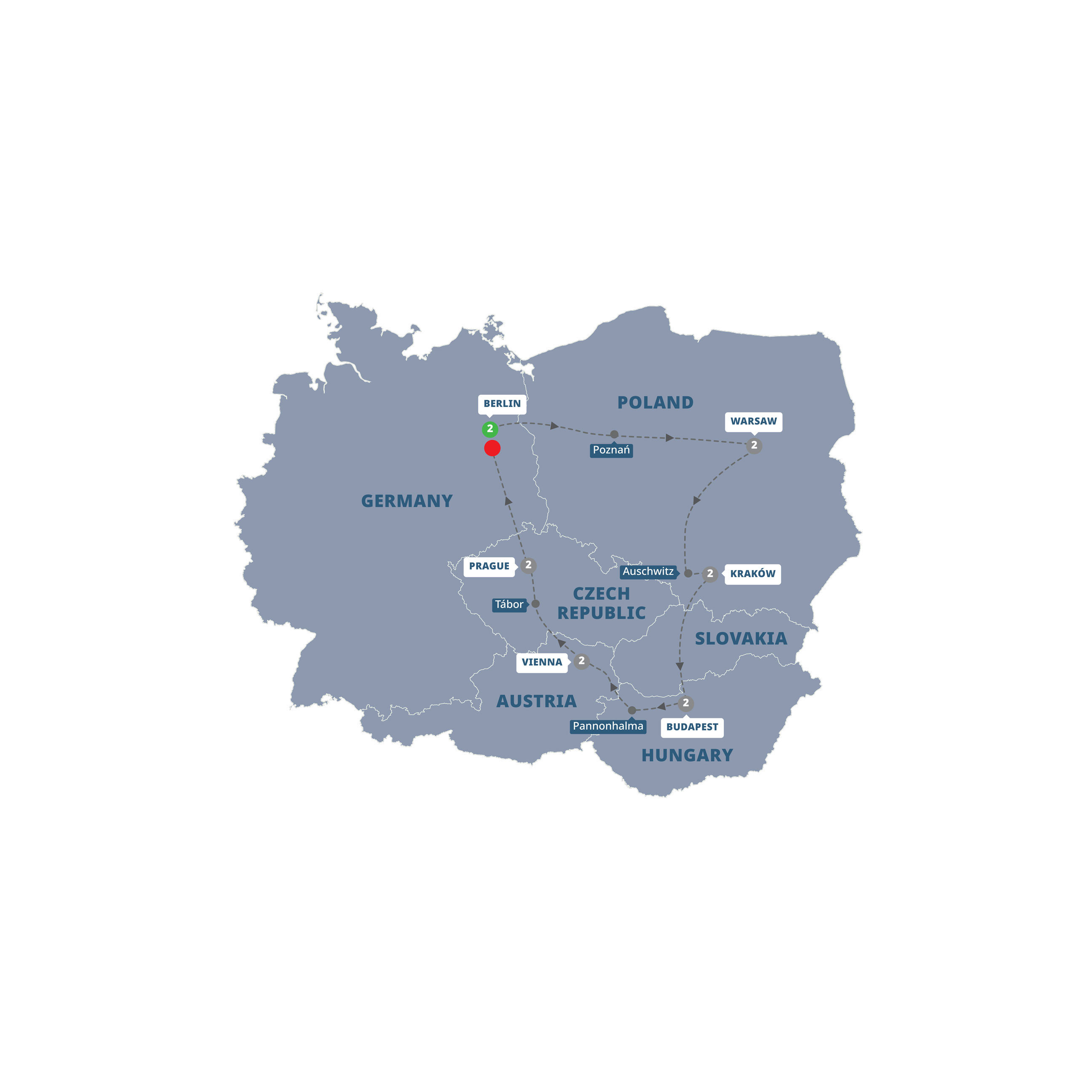 Map of Bohemian Highlights (2026 - 2027, Ends in Berlin) from Trafalgar