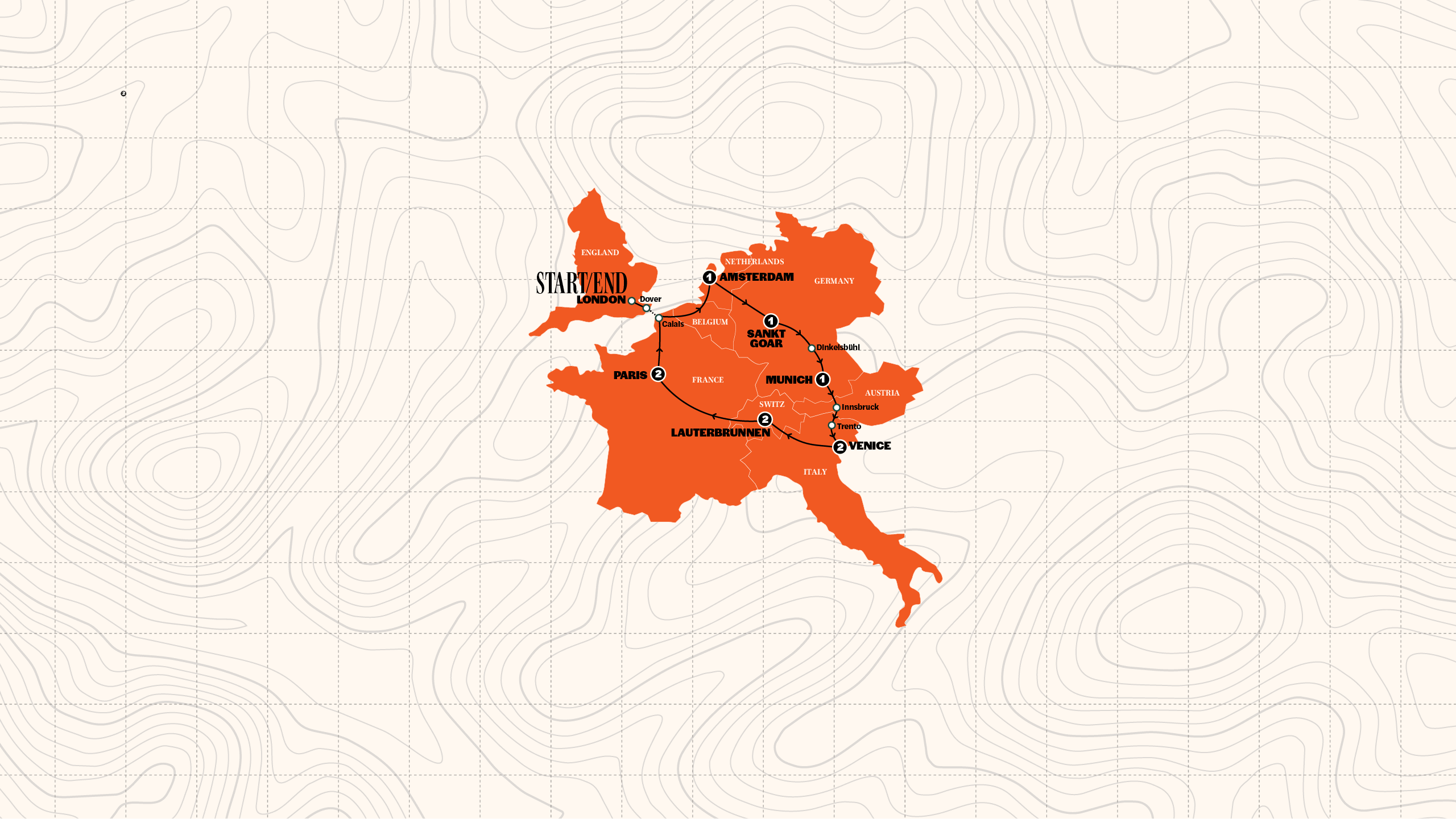 Map of European Horizon | Start Amsterdam | Hostels | Summer 2027 from Contiki
