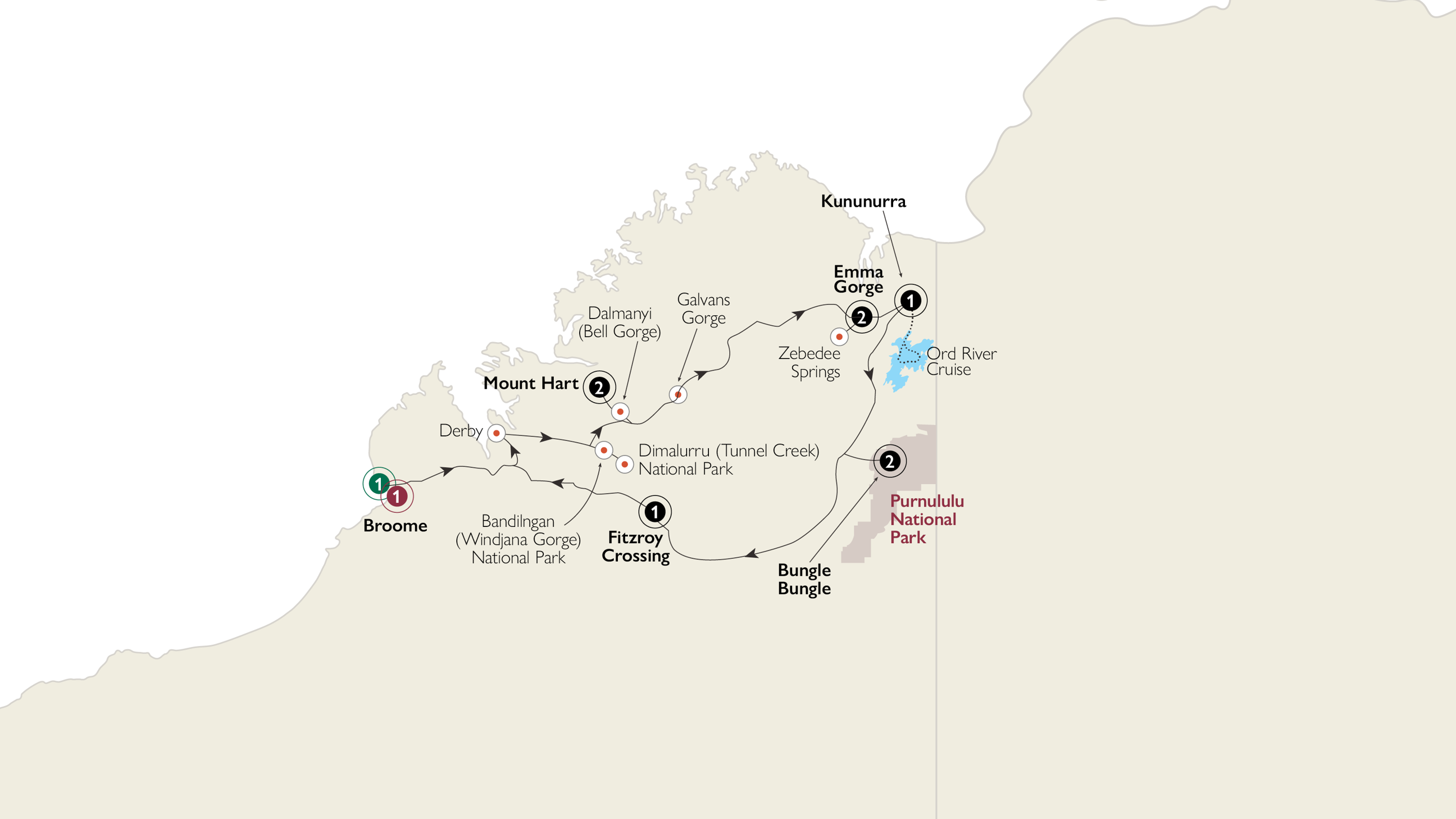 tourhub | AAT Kings | Kimberley Gorges and Gibb River Road | Tour Map