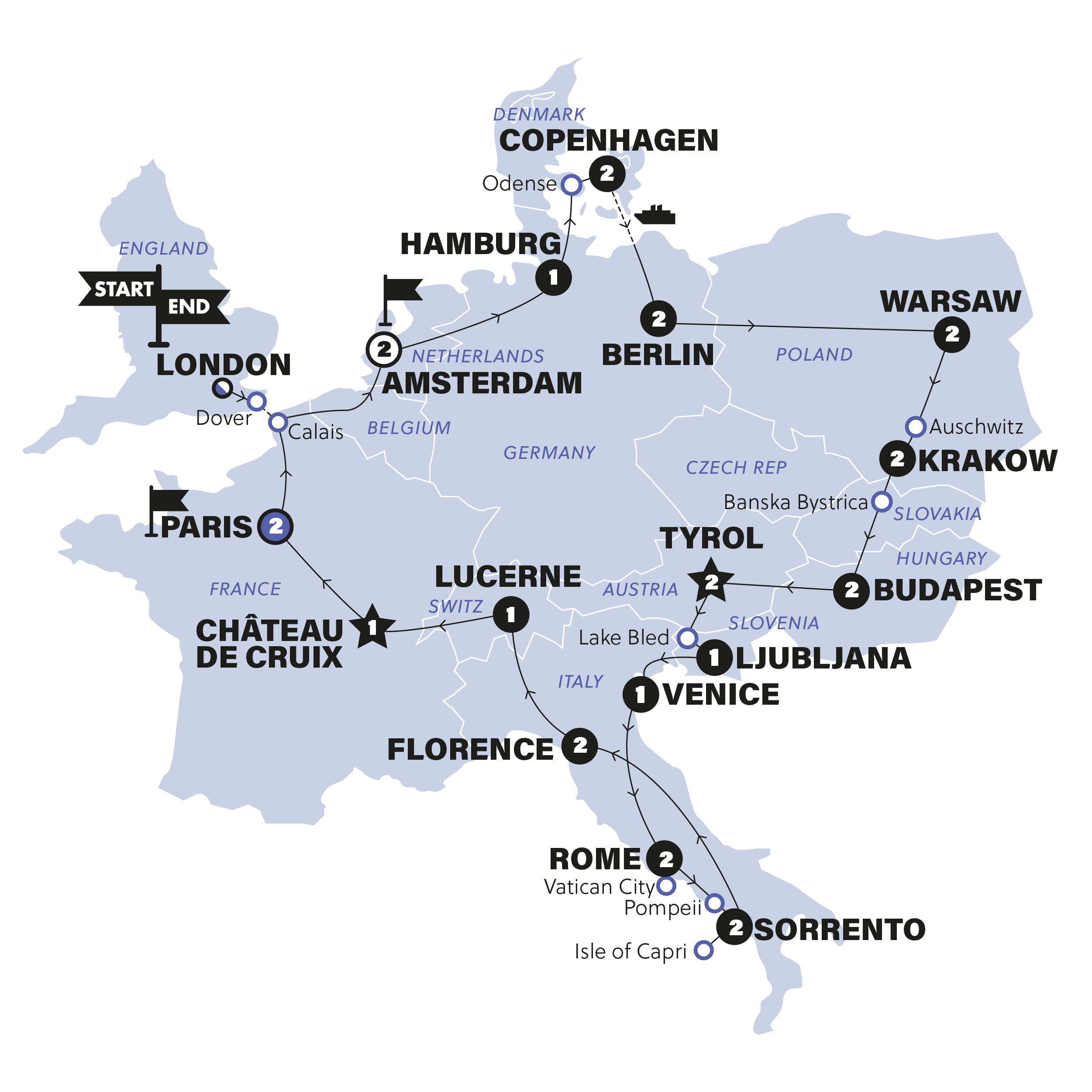 tourhub | Contiki | European Vistas | Start London | Summer | 2025 | Tour Map