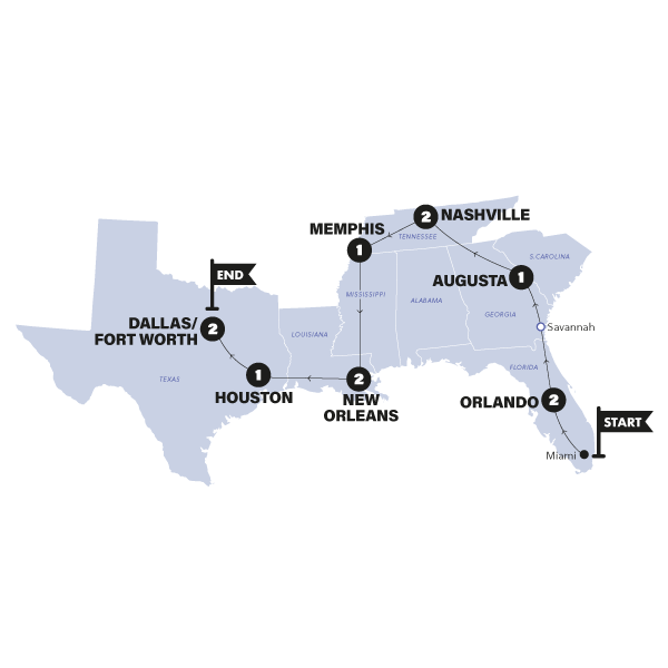 tourhub | Contiki | Miami to Dallas Road Trip | Tour Map