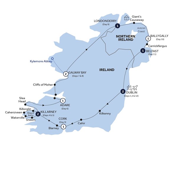 tourhub | Insight Vacations | Country Roads of Ireland - End Dublin, Classic Group, Winter | W909ZN118 | Route Map