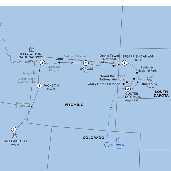tourhub | Insight Vacations | American Parks Trail - End Denver, Classic Group | AAPDN19 | Route Map