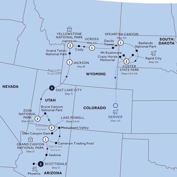 tourhub | Insight Vacations | America's Magnificent National Parks - end Denver, Small Group | SAAMCDM19 | Route Map