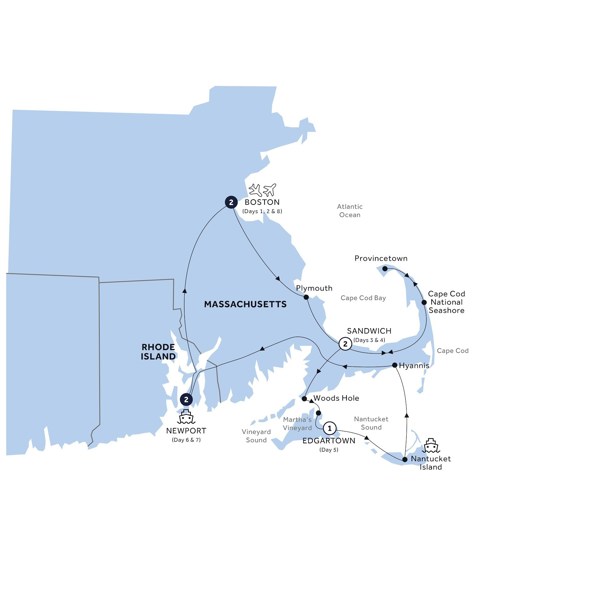 tourhub | Insight Vacations | Boston, Cape Cod & The Islands - Classic Group | Tour Map
