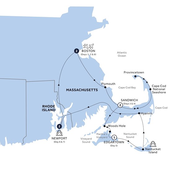 tourhub | Insight Vacations | Boston, Cape Cod & The Islands - Small Group | SACAPM19 | Route Map