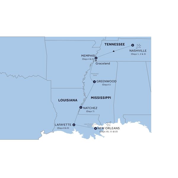 Country Roads of the Deep South - Classic Group Itinerary Map