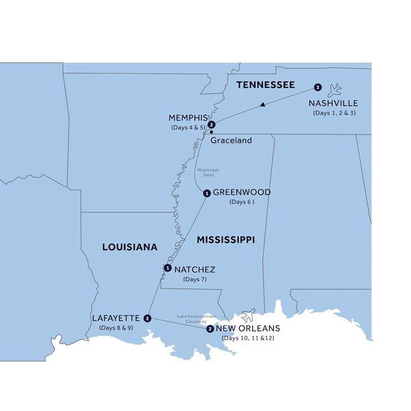 Country Roads of the Deep South - Small Group Itinerary Map