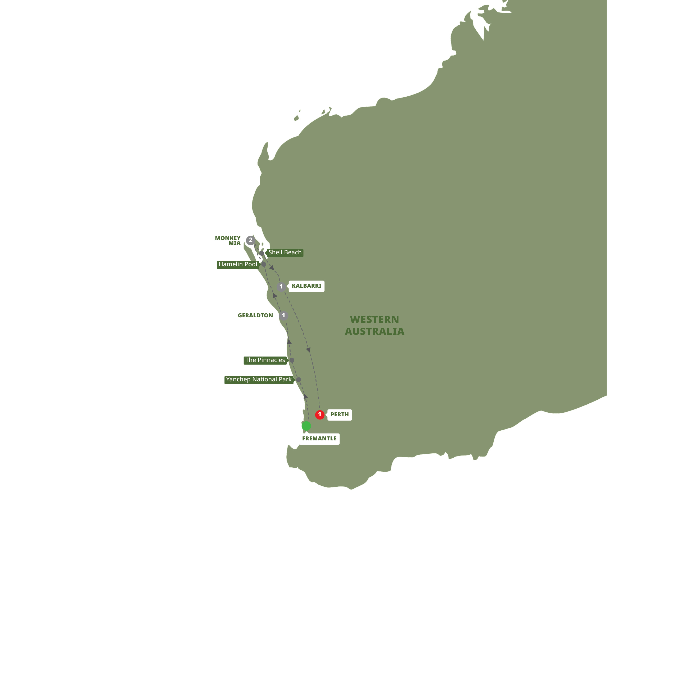Map of Monkey Mia Dolphins and West Coast from Trafalgar