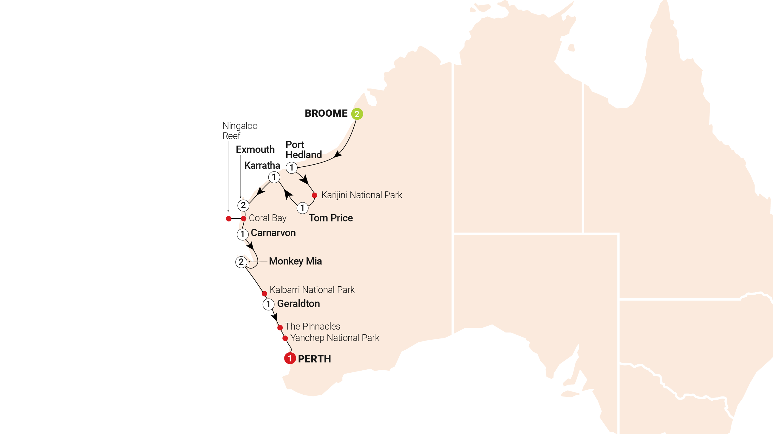 tourhub | AAT Kings | Untamed Pilbara & West Coast | Tour Map