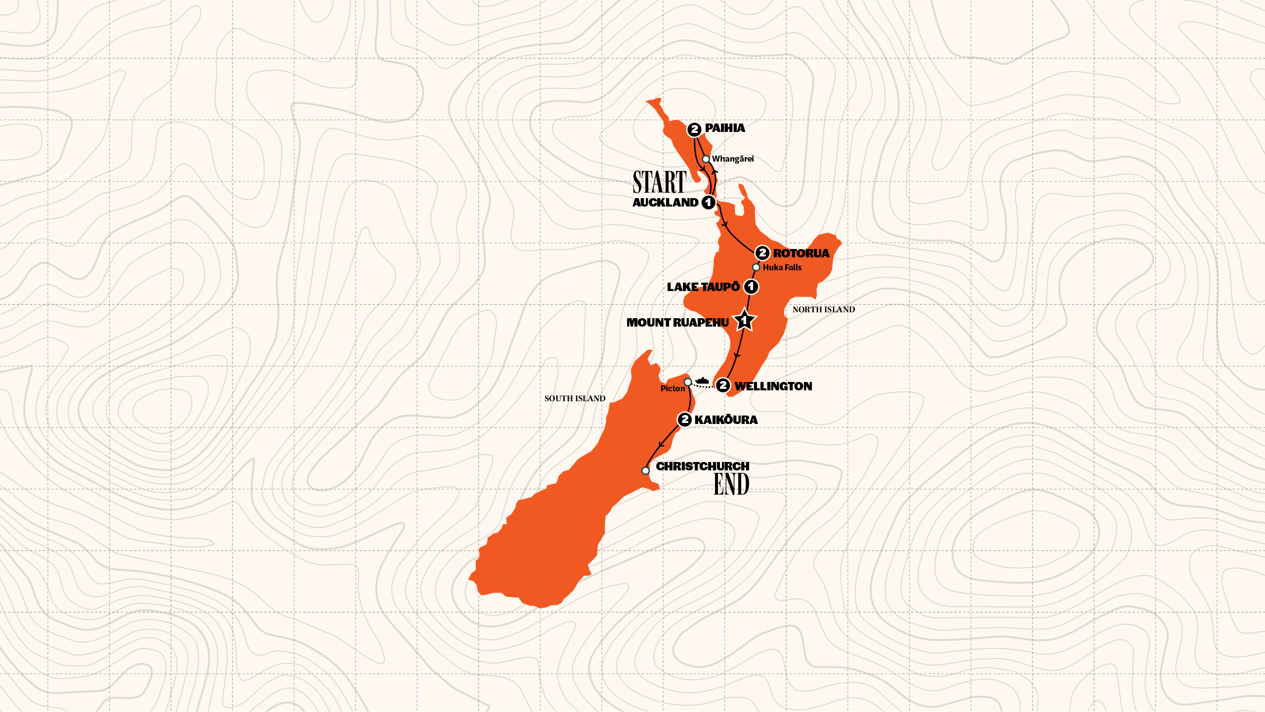 Map of NZ: North Island & Kaikōura | Southbound | Oct 2025 - Sep 2026 from Contiki