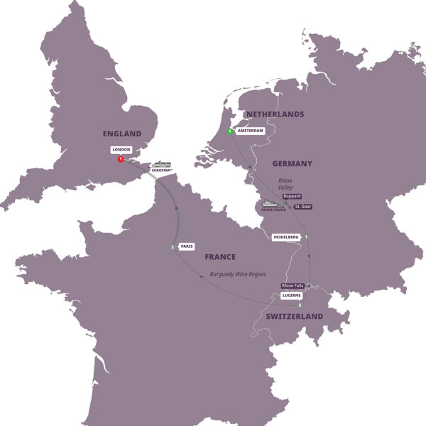 European Highlights With Eurostar™ Extension Itinerary Map