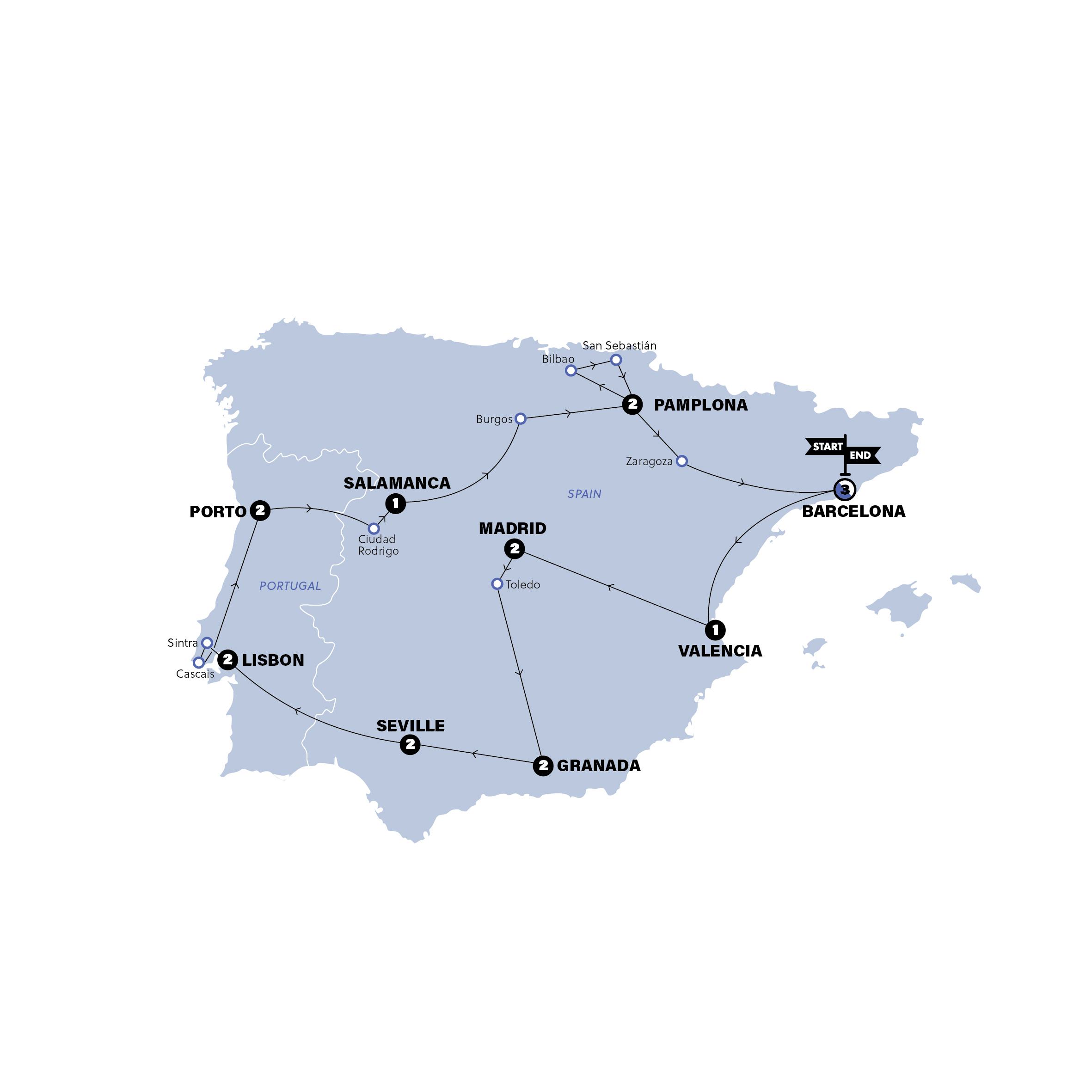 Map of Best of Spain & Portugal | Start Barcelona | Winter from Contiki