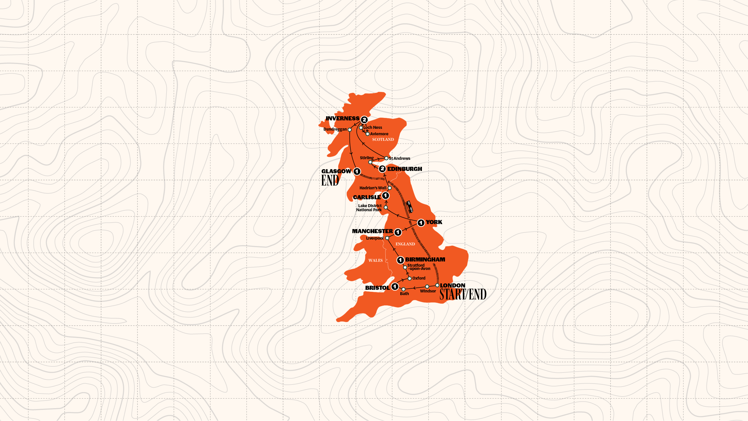 Map of Best of England & Scotland | Classic | End Glasgow | Winter | 2027/2028 from Contiki
