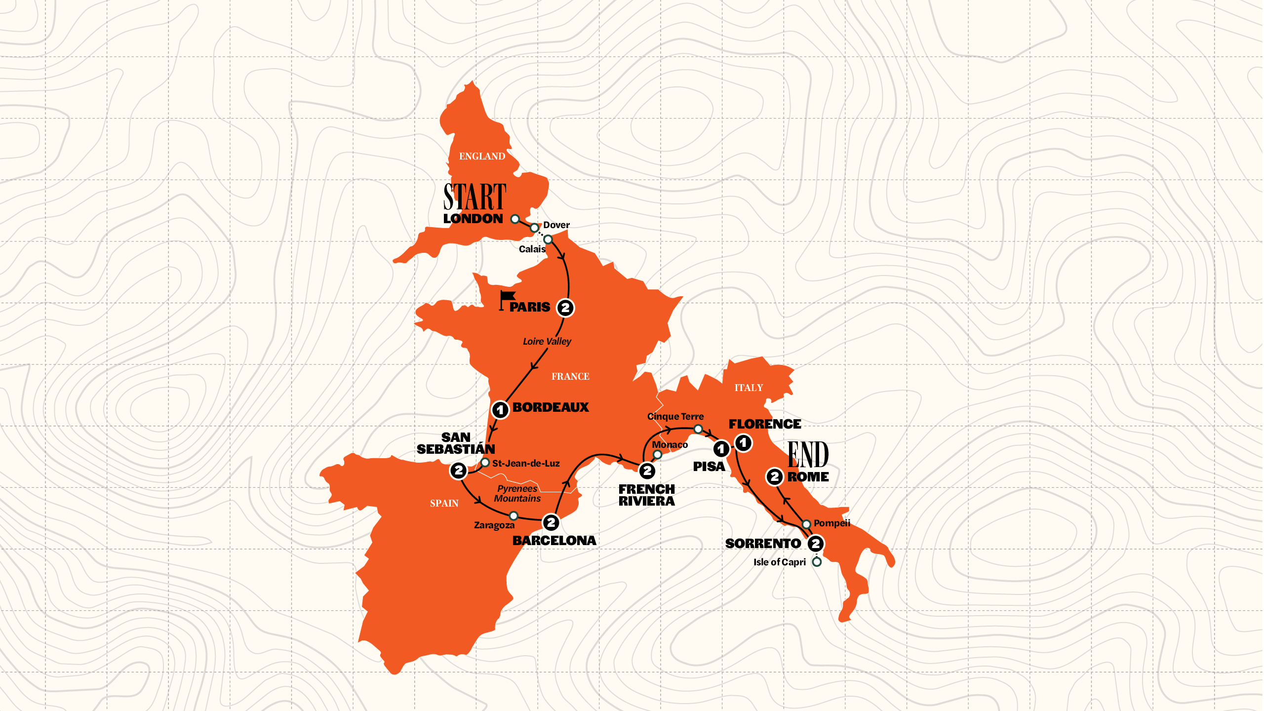 Map of London to Rome Quest | Hostels | Start Paris | Winter | 2027/2028 from Contiki