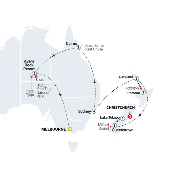 Highlights of Australia & New Zealand Itinerary Map