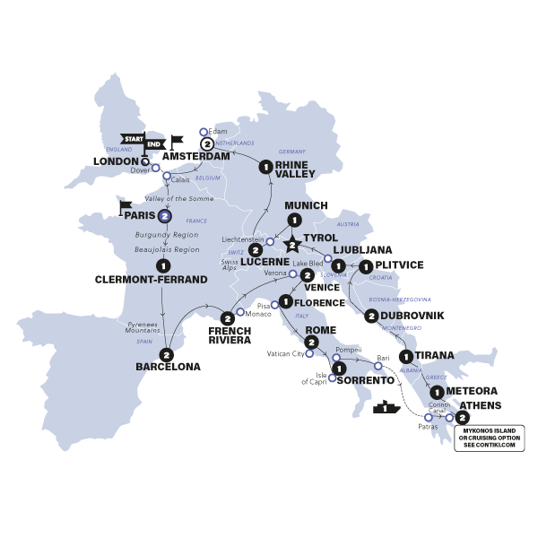 tourhub | Contiki | European Explorer with Greek Island Cruising|  Start Paris | Summer | 2024 | Tour Map