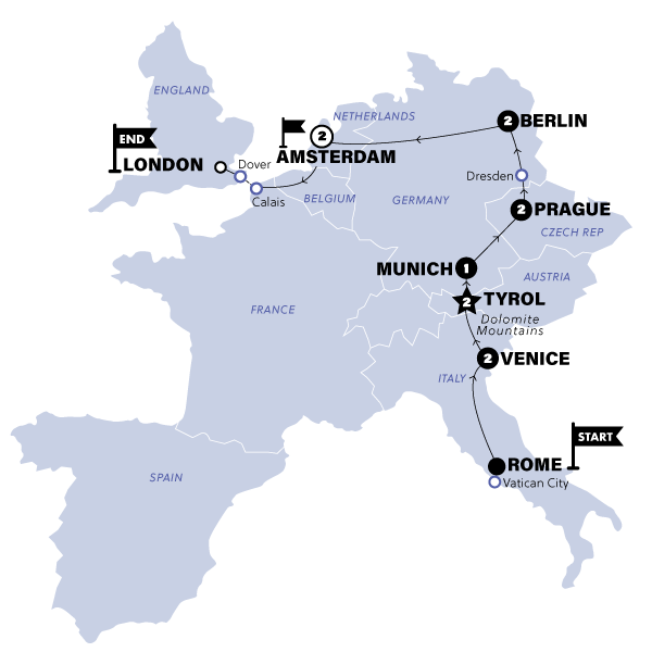 tourhub | Contiki | Rome to London Wanderer (End London, Summer 2024) | Tour Map