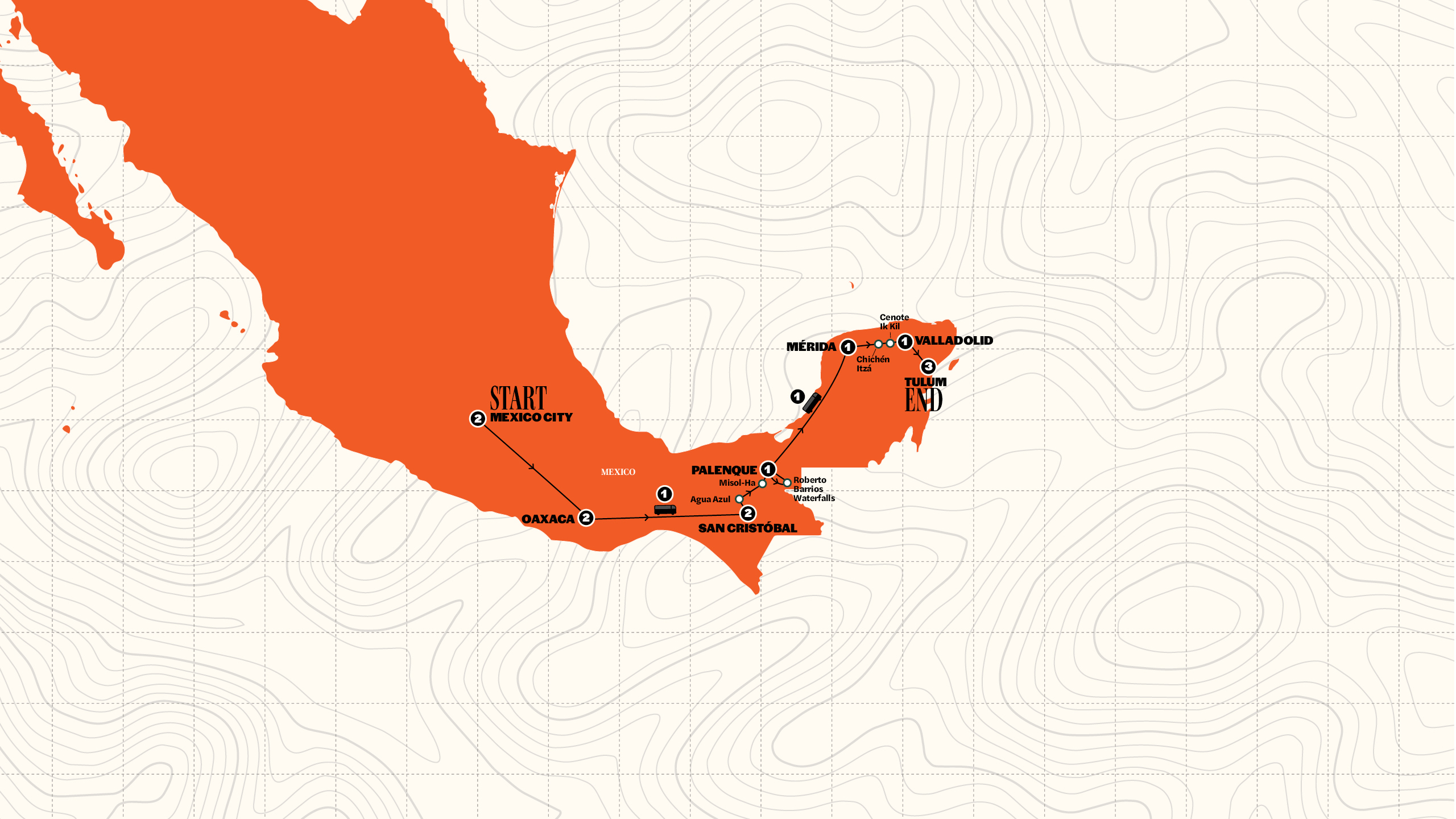 Map of Mexico City to Tulum from Contiki