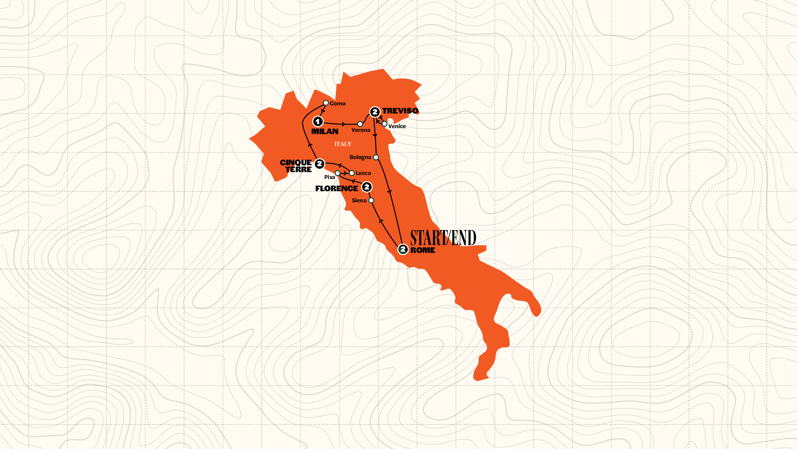 Map of Tuscany, Milan & Venice | Summer | 2026 from Contiki