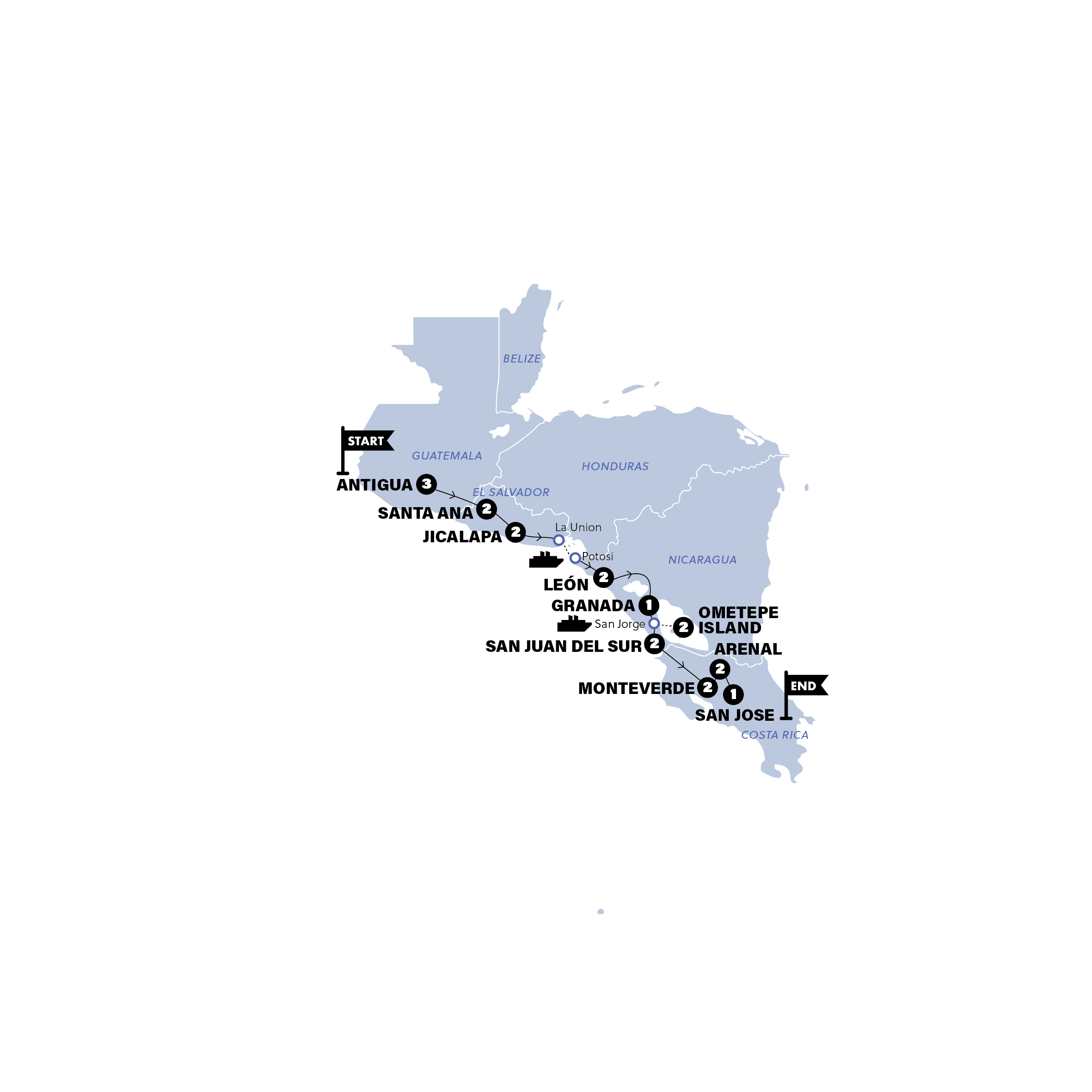 Map of Antigua to San Jose from Contiki