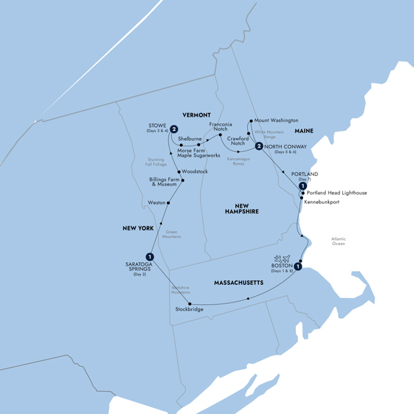 New England's Fall Foliage a Women-Only Tour Itinerary Map