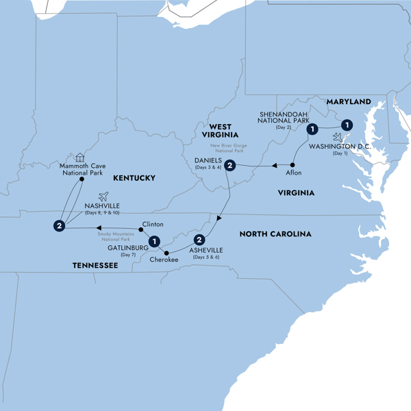 Spectacular National Parks of Eastern USA Itinerary Map
