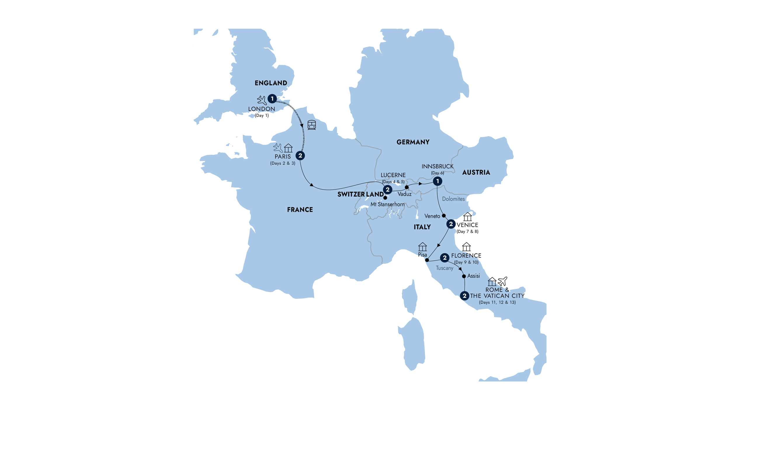 Road to Rome - Start London, Classic Group Itinerary Map