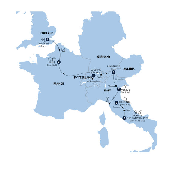 Road to Rome - Start London, Classic Group Itinerary Map