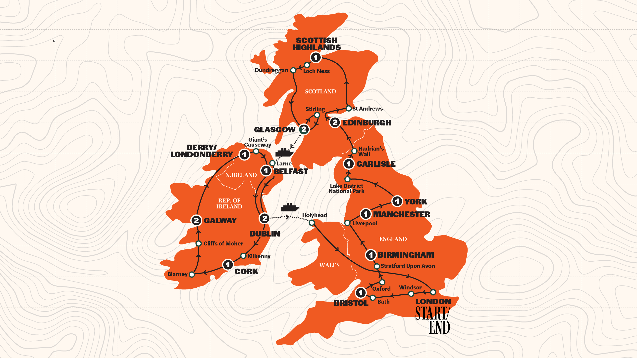 Map of Best of Great Britain & Ireland | Classic | Summer | 2027 from Contiki