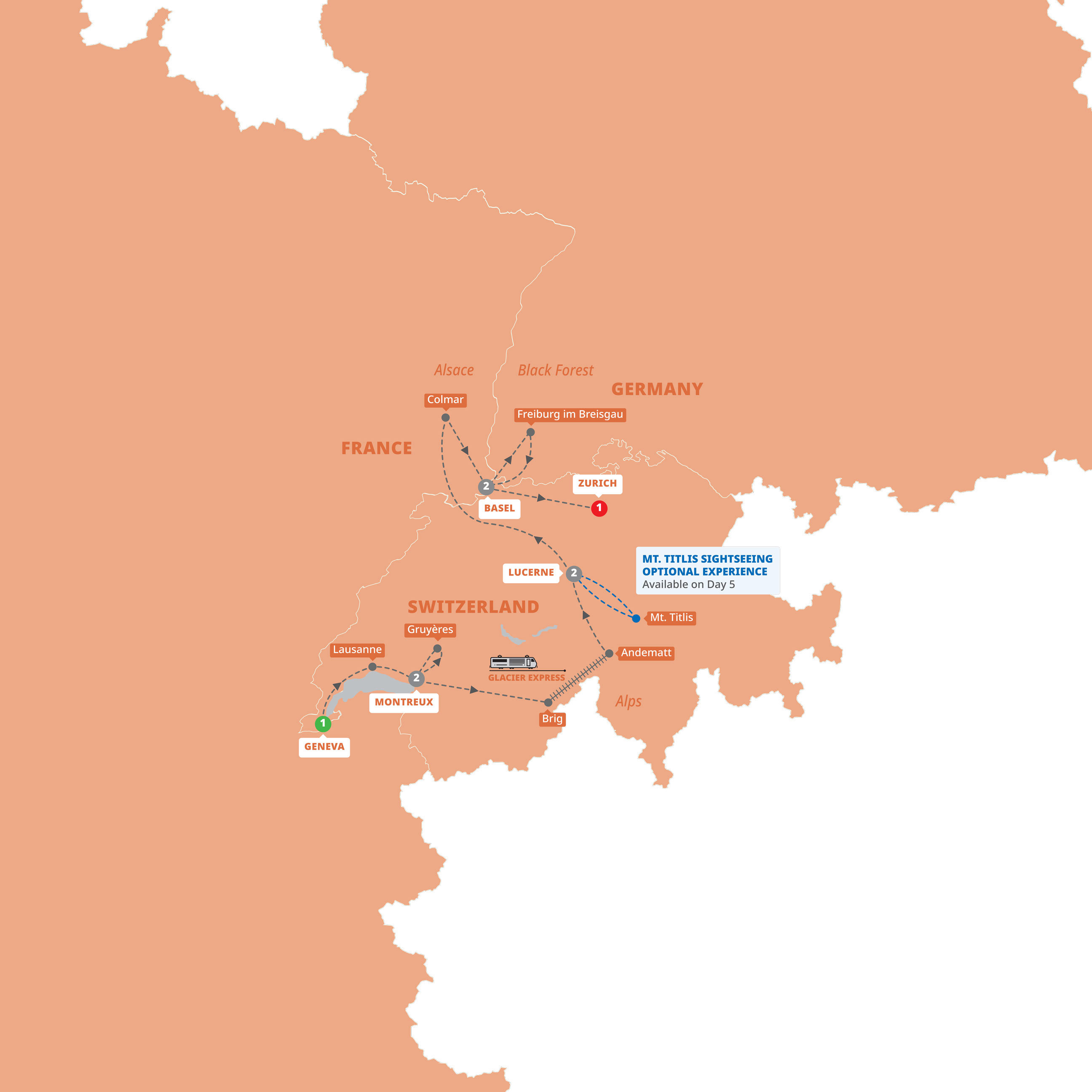 Map of Swiss Delight (2026 - 2027) from Trafalgar