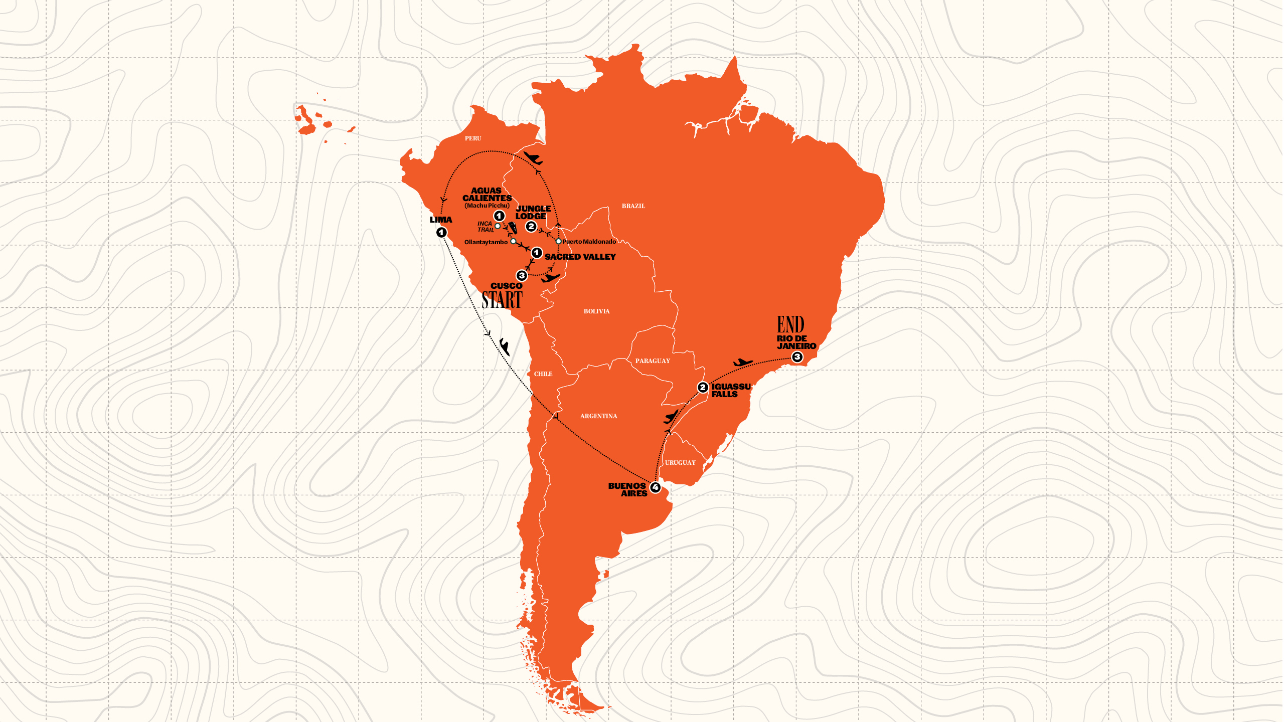 Map of South American Explorer | with Train to Machu Picchu (From Mar 2026) from Contiki