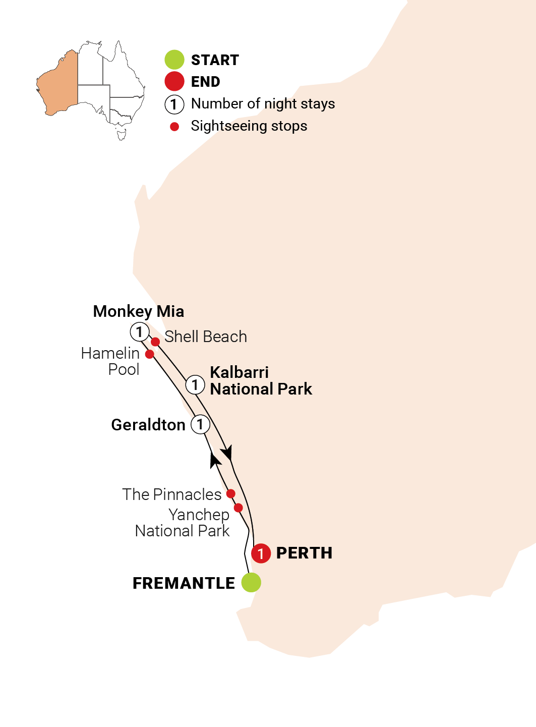 tourhub | AAT Kings | Monkey Mia Dolphins & West Coast | WPMP24 | Route Map